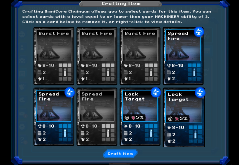 Screenshot of Trucker 2056 game, showing a list of cards, some of which are selected and 'crafted', i.e. added to the deck, and some of which are disabled and thus not added to the deck.