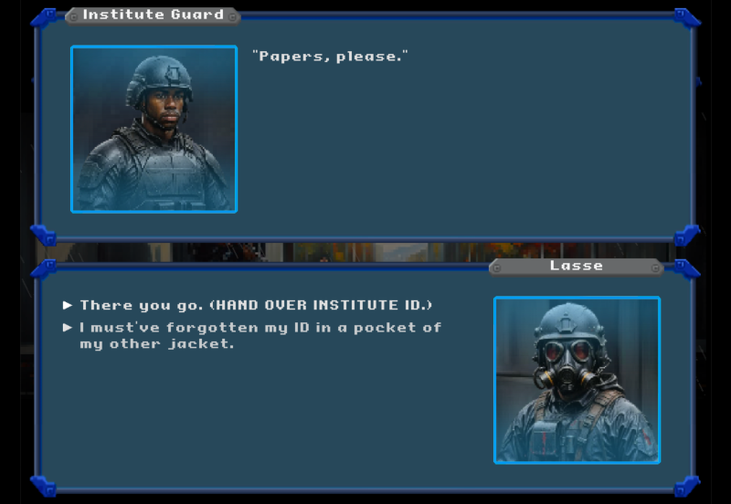 Screenshot of Trucker 2056 game, showing a dialogue tree with options highlighting use of inventory items.