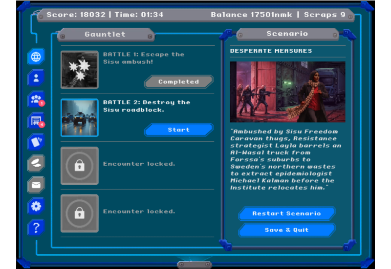 Screenshot of Trucker 2056 game, showing a series of combat encounters in the Gauntlet game mode.