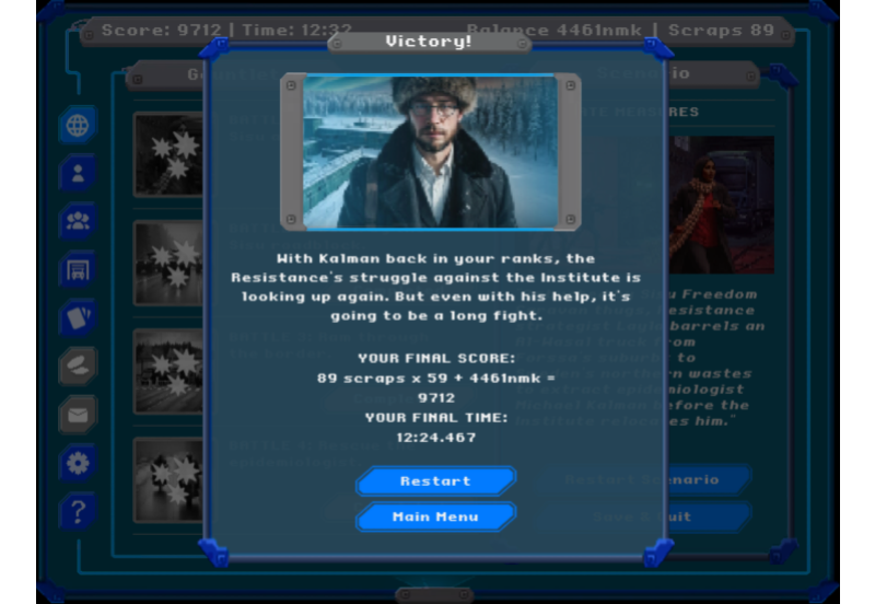 Screenshot of Trucker 2056 game, showing a victory screen in the Gauntlet game mode.