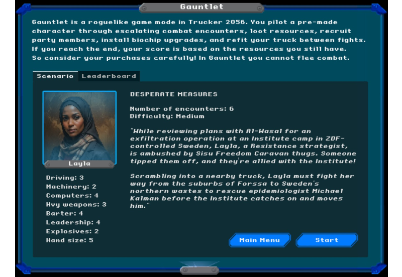Screenshot of Trucker 2056 game, showing a start screen for a Gauntlet game mode scenario.
